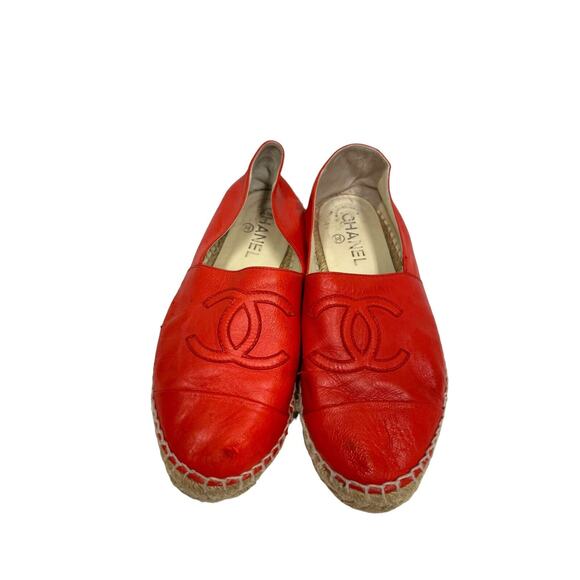 CHANEL Red Lambskin Leather CC Logo Cap Toe Espadrilles Loafers Size 37 US 7 - Picture 4 of 11